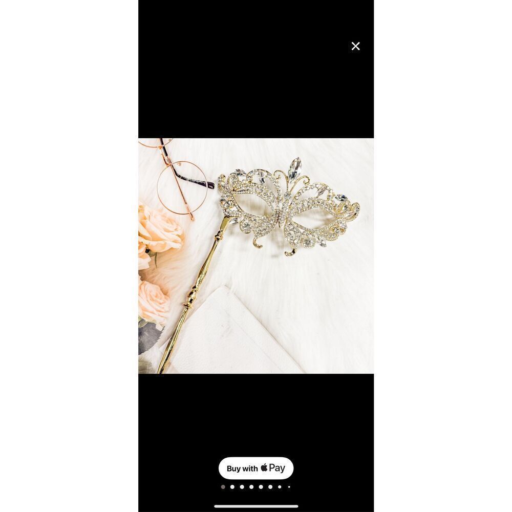 NWT AB Crystal Masquerade Rhinestone Prom Mask With Stick Handheld Gold-tone OS